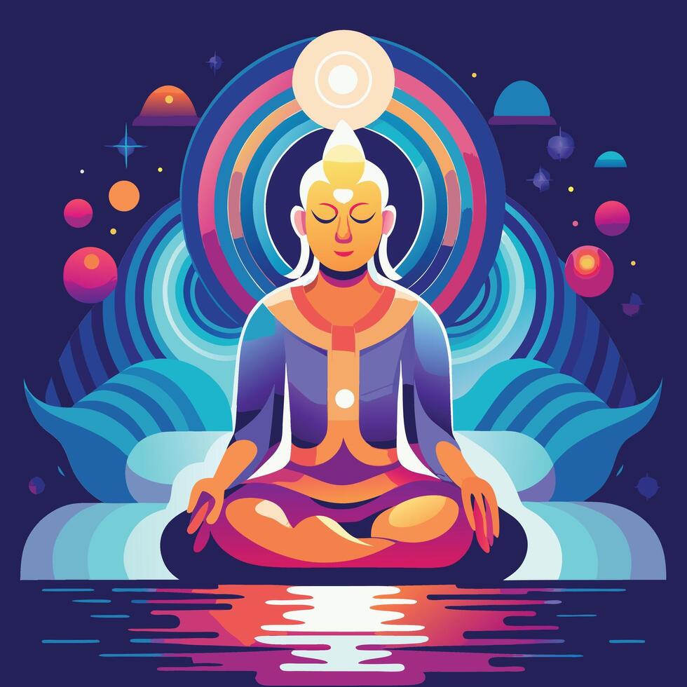 a colorful illustration of a buddha sitting in meditation vector