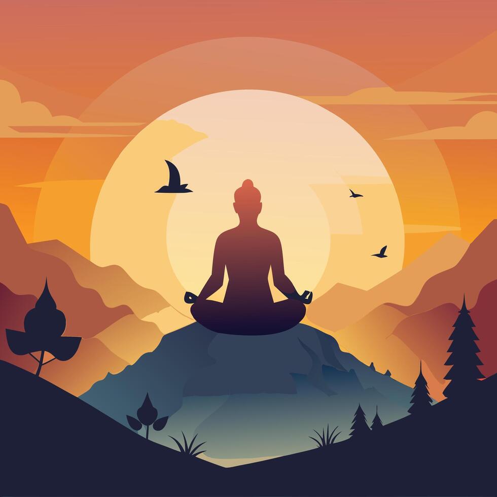 silhouette of buddha meditation in meditation lotus position in the mountain landscape with sunset vector