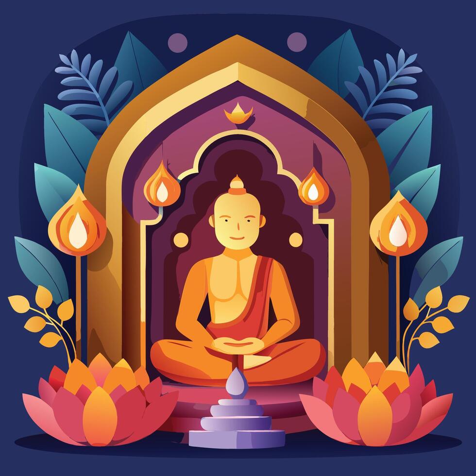 buddha statue in the temple with lotus flowers and candles vector