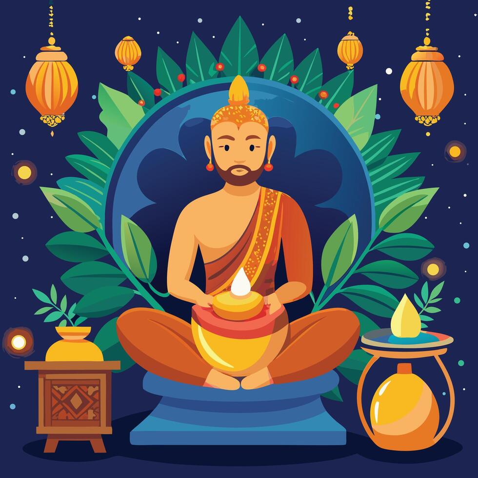 buddha with lanterns and candles in the background vector