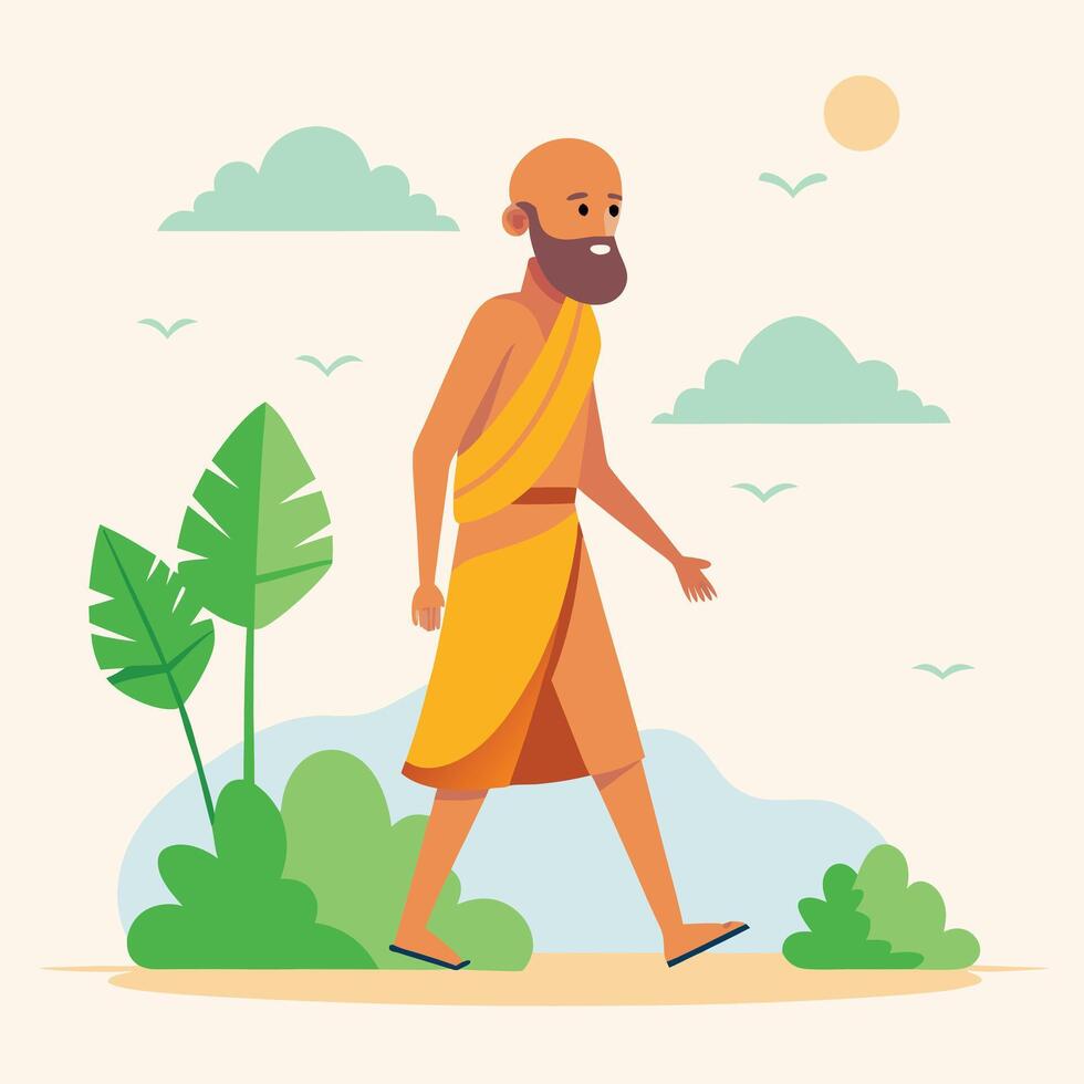 a man in a yellow robe walking through the jungle vector