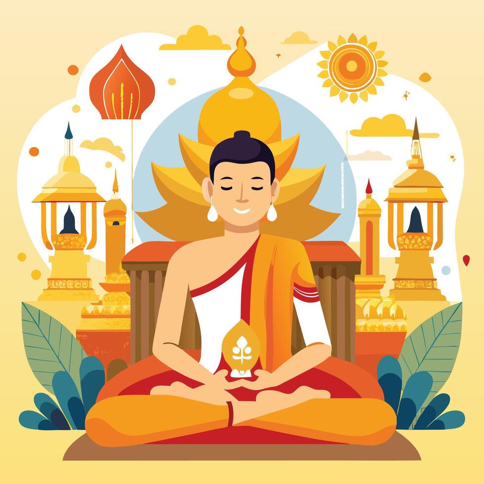 a buddha is sitting in a lotus position with a lot of buildings in the background vector