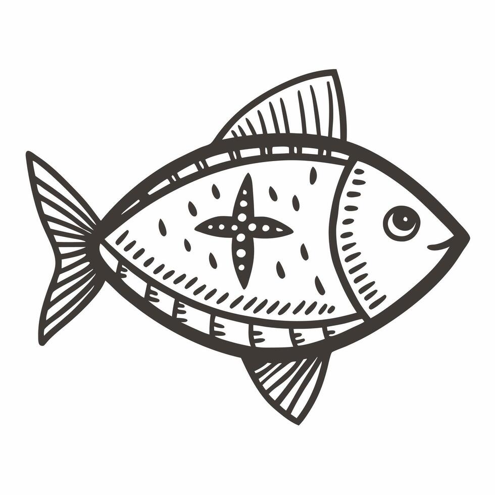 Hand Drawn Fish Illustration with Nautical in Monochrome Style vector