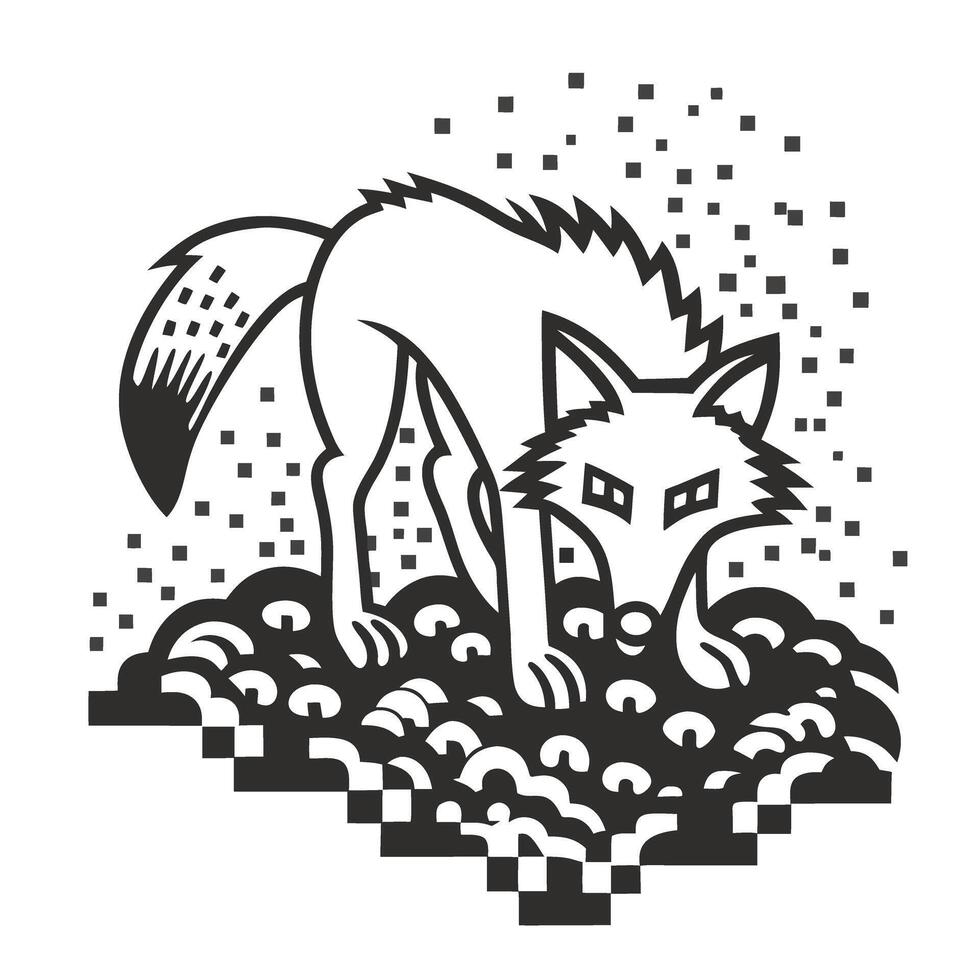 Geometric wolf illustration with pixel effect in monochrome vector