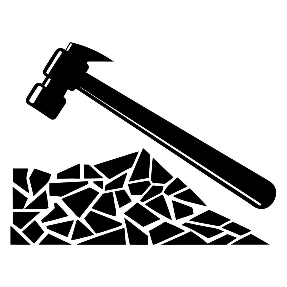 Hammer breaking ground into debris construction, demolition concept tool and rubble silhouette vector