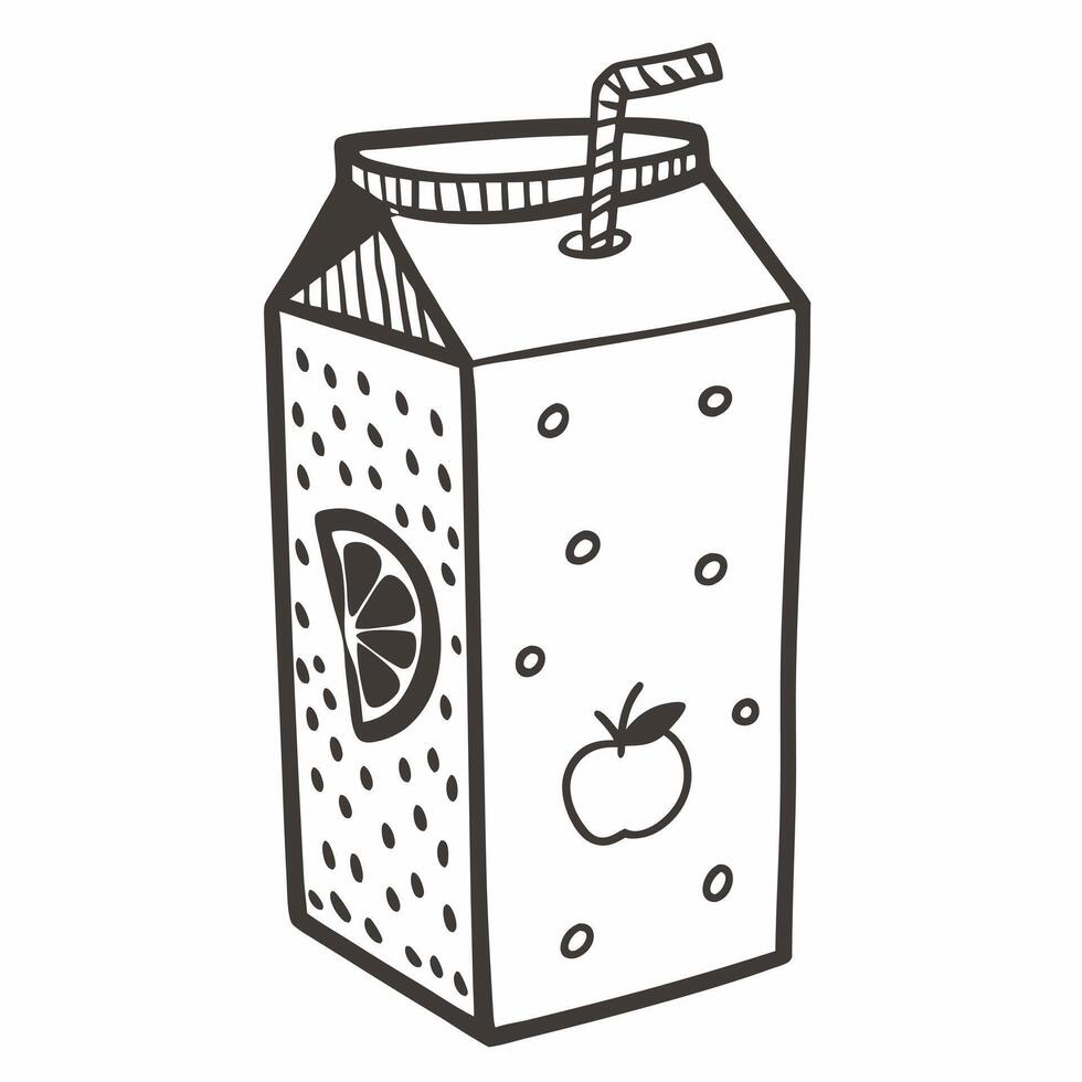 Hand Drawn Juice Box Illustration with Fruit Motif and Straw Design vector