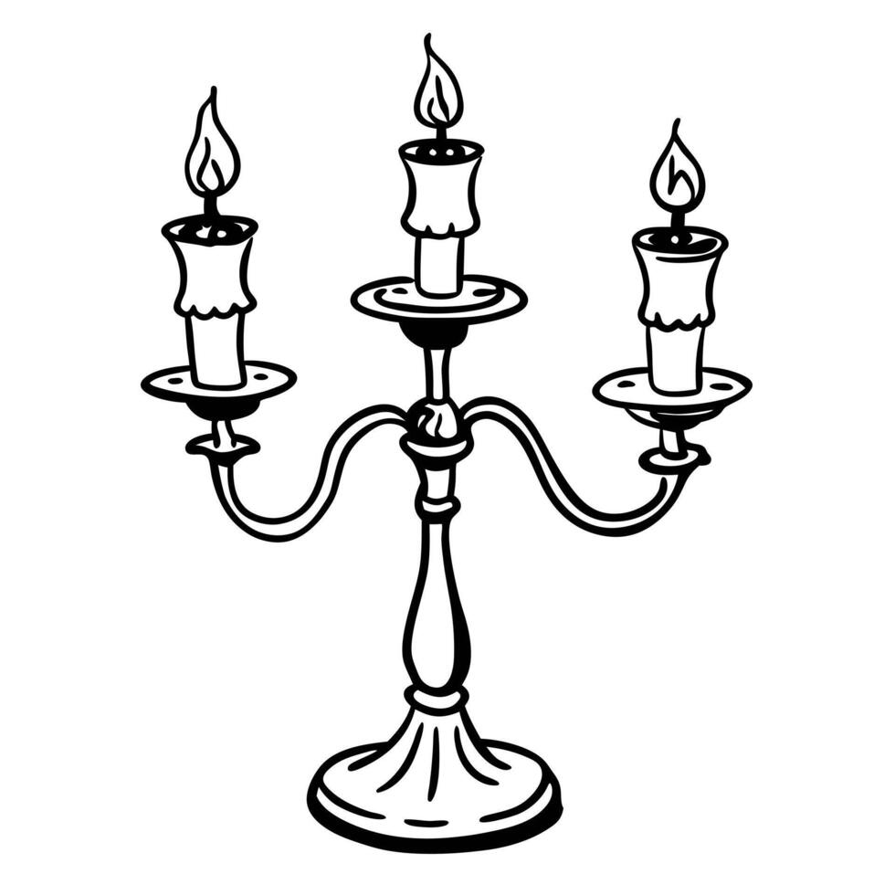 Elegant Vintage Candelabra with Three Lit Candles Black and White Illustration vector