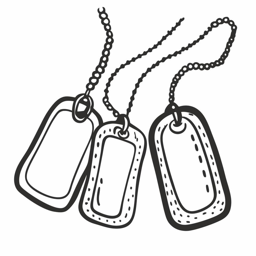 Hand Drawn Dog Tags Illustration with Chain in Black and White Style vector