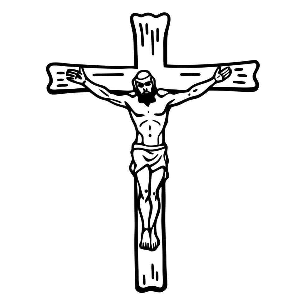 Minimalist Black and White Crucifixion Illustration with Jesus on Wooden Cross vector