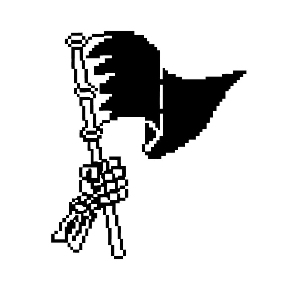 pixelated skeleton hand holding torn pirate flag for retro adventure game vector