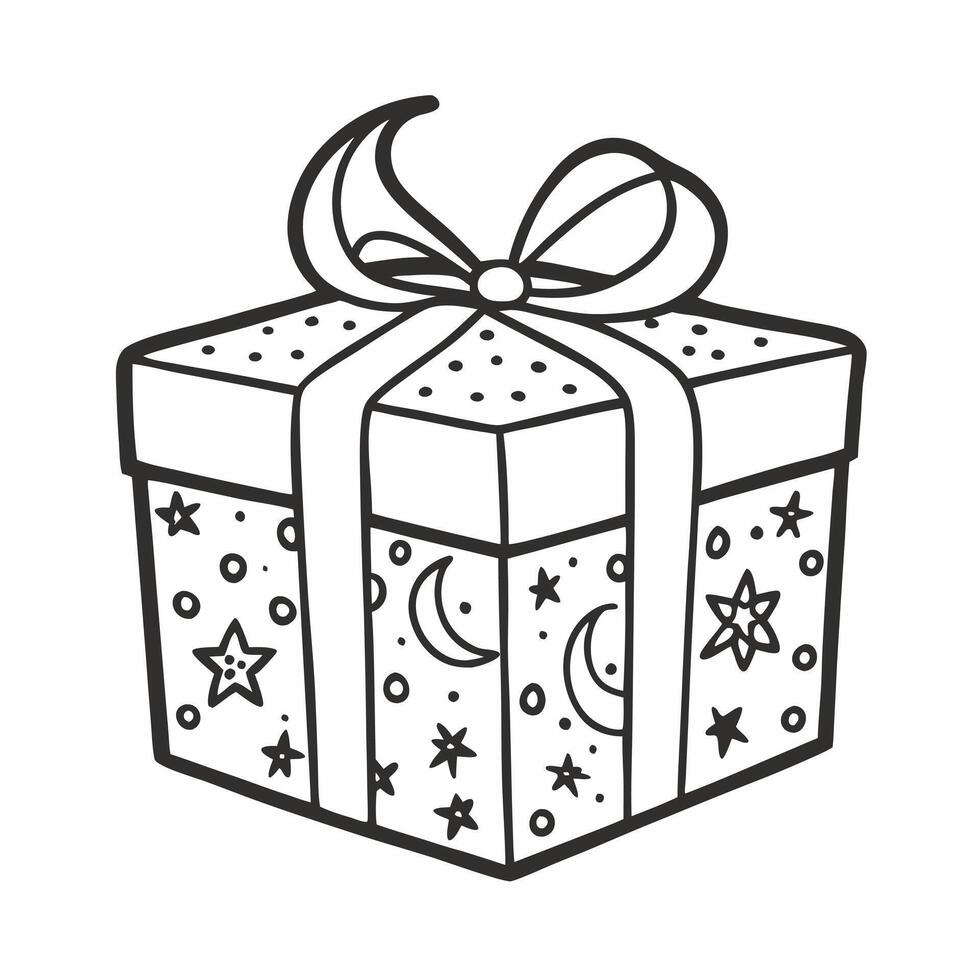 Festive Gift Box with Celestial s and Ribbon Hand Drawn Illustration vector