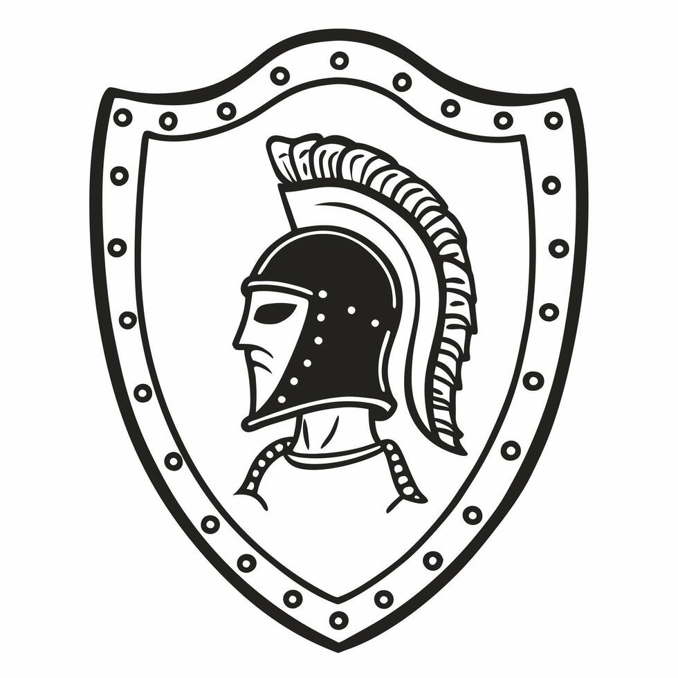 Spartan Warrior Emblem on Shield Vintage Monochrome Illustration vector