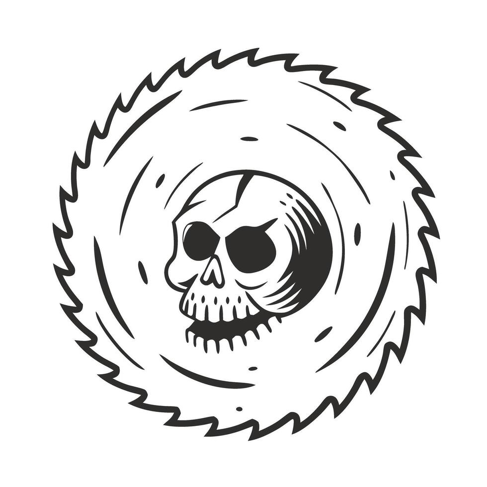 skull within a circular saw blade edgy grunge design, black and white illustration vector