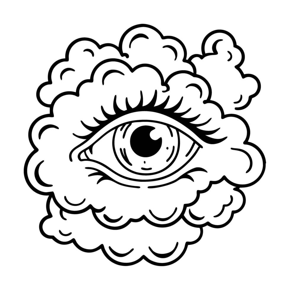 Mystical eye surrounded by swirling clouds, abstract imagination concept in black and white vector