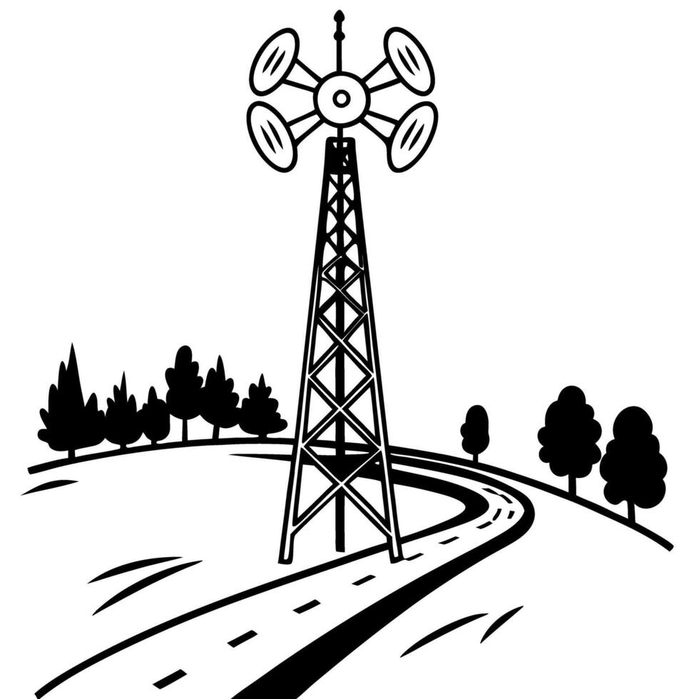 Telecommunication tower on countryside road remote connectivity, transmission, rural network technology vector