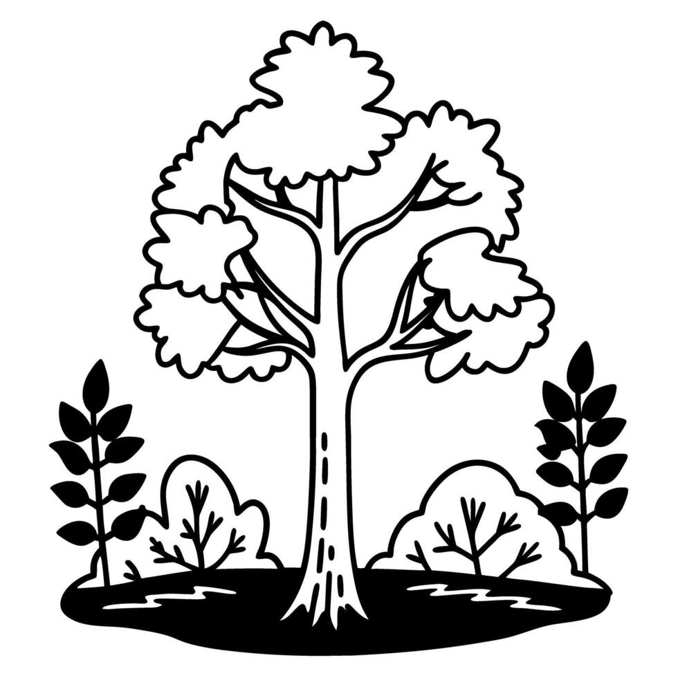 black and white tree illustration with surrounding plants simplistic nature line art, minimalistic foliage vector