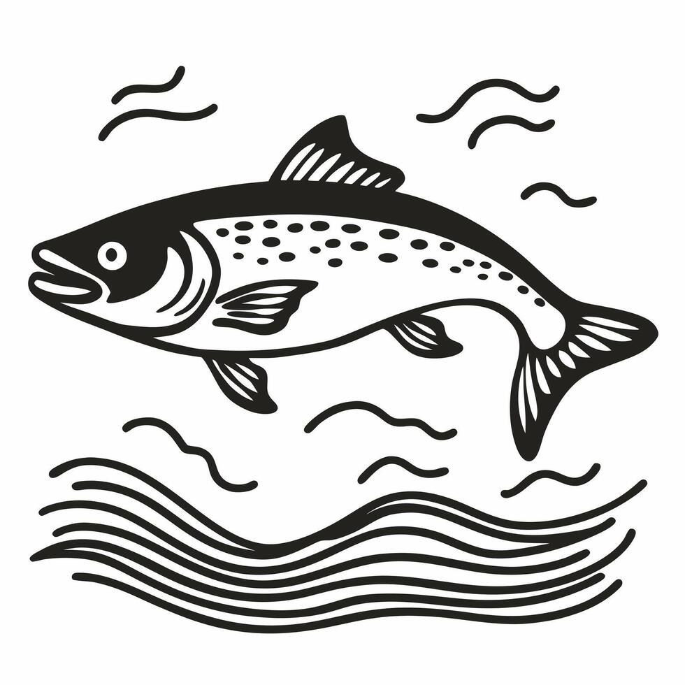 Vintage Fish Illustration Stylized Salmon Leaping in Waves vector