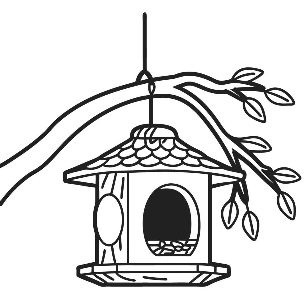Hanging birdhouse on tree branch, nature and wildlife shelter illustration vector