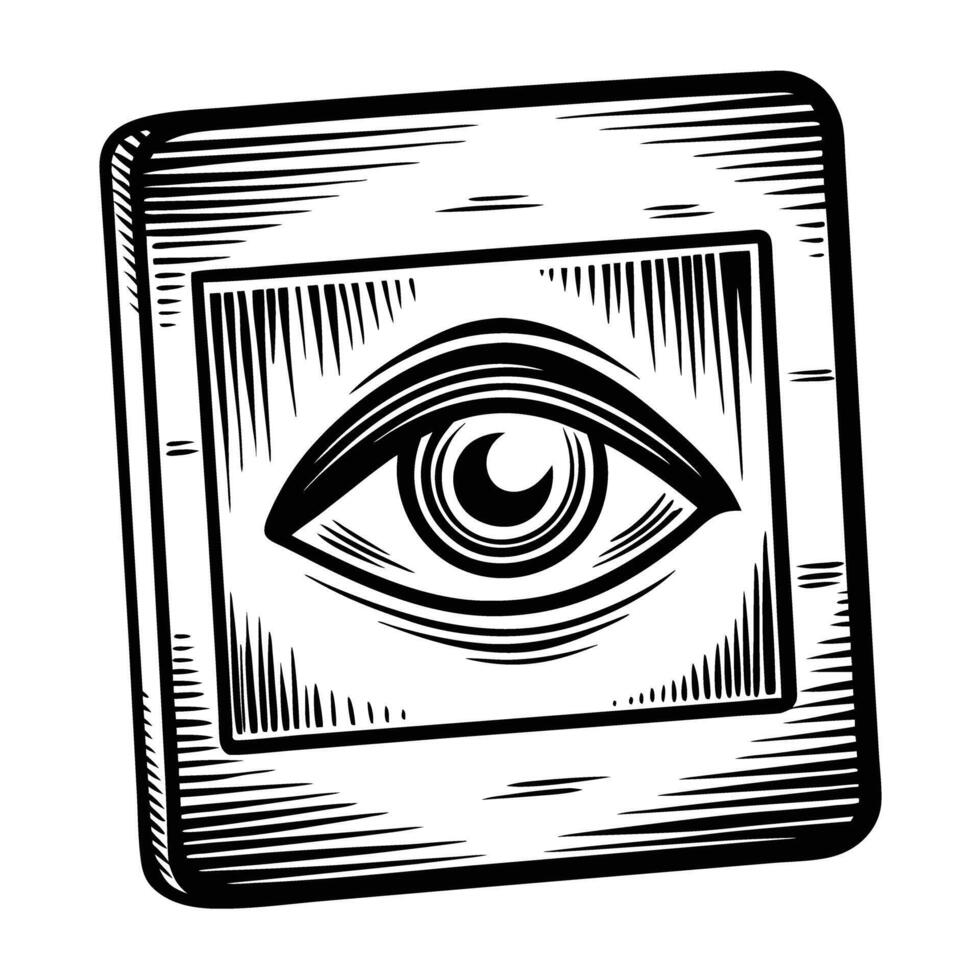 engraved all seeing eye, detailed monochrome design, mystical symbol with vintage aesthetic, eye in square frame illustration vector