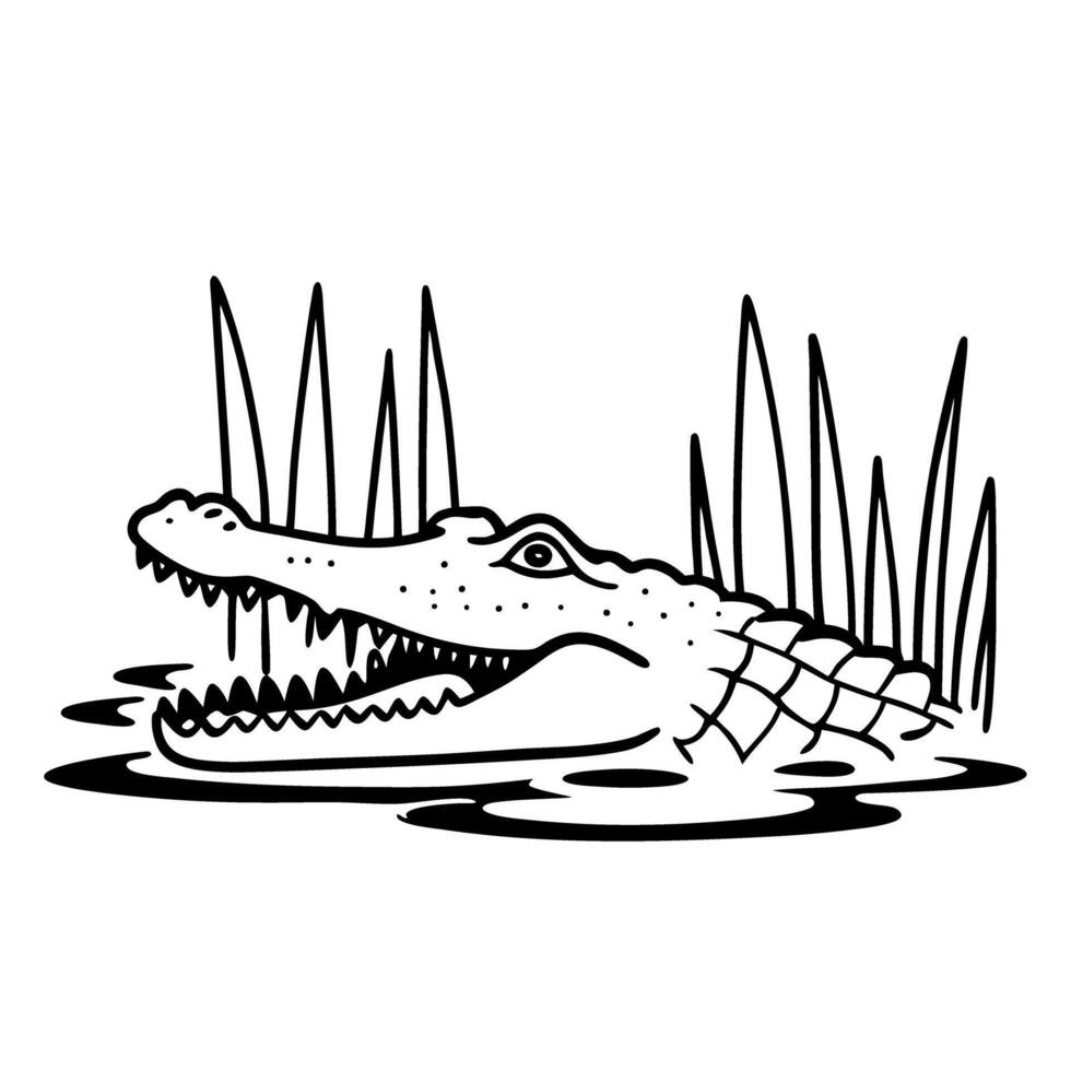 Crocodile in water with grass, monochrome illustration of a reptile head, wild nature vector