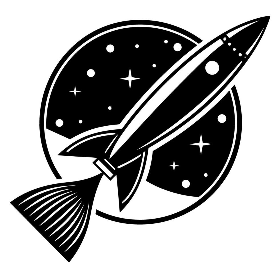 Retro rocket emblem black and white spacecraft, starry background, vintage space exploration vector