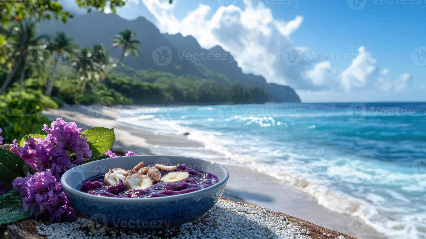 Bowl of assorted food items placed on a rustic wooden table with natural lighting photo