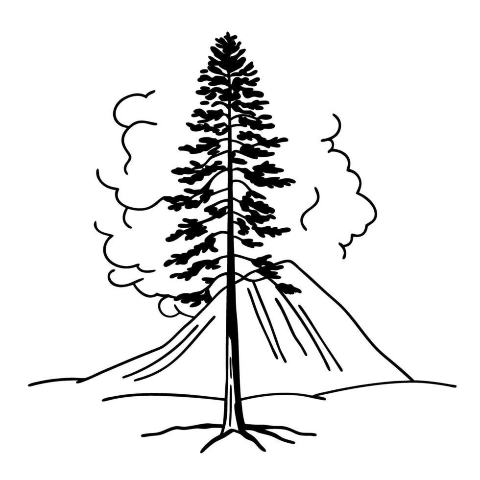 Tall tree with mountain and swirling clouds nature landscape illustration, tranquil wilderness scene vector