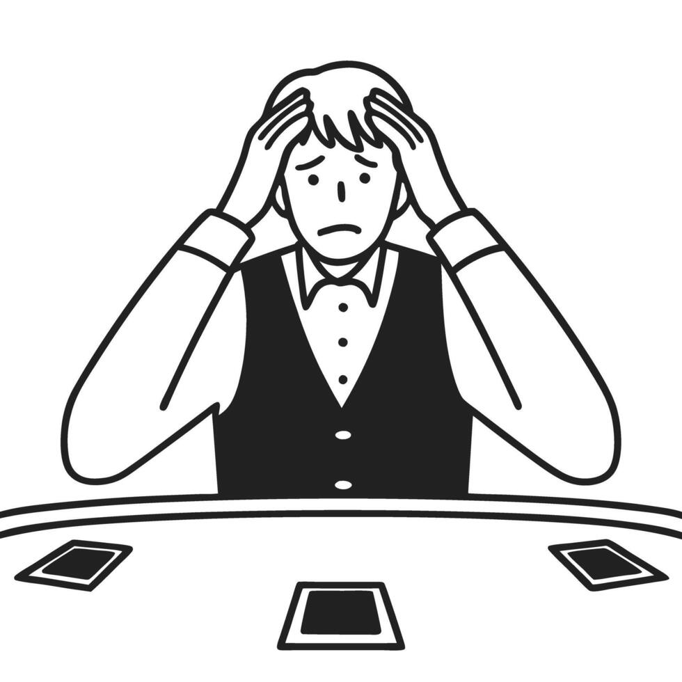 overwhelmed man at desk with cards stress, anxiety in decision making, business challenge illustration vector
