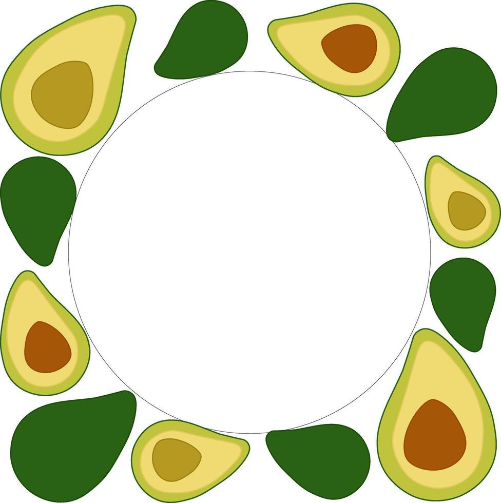 Avocado circle round Frame in square. Avocado flat Background with Space for Text. Vegetable background for banners, print for fabric, labels, t-shirt printing. Eat green vector