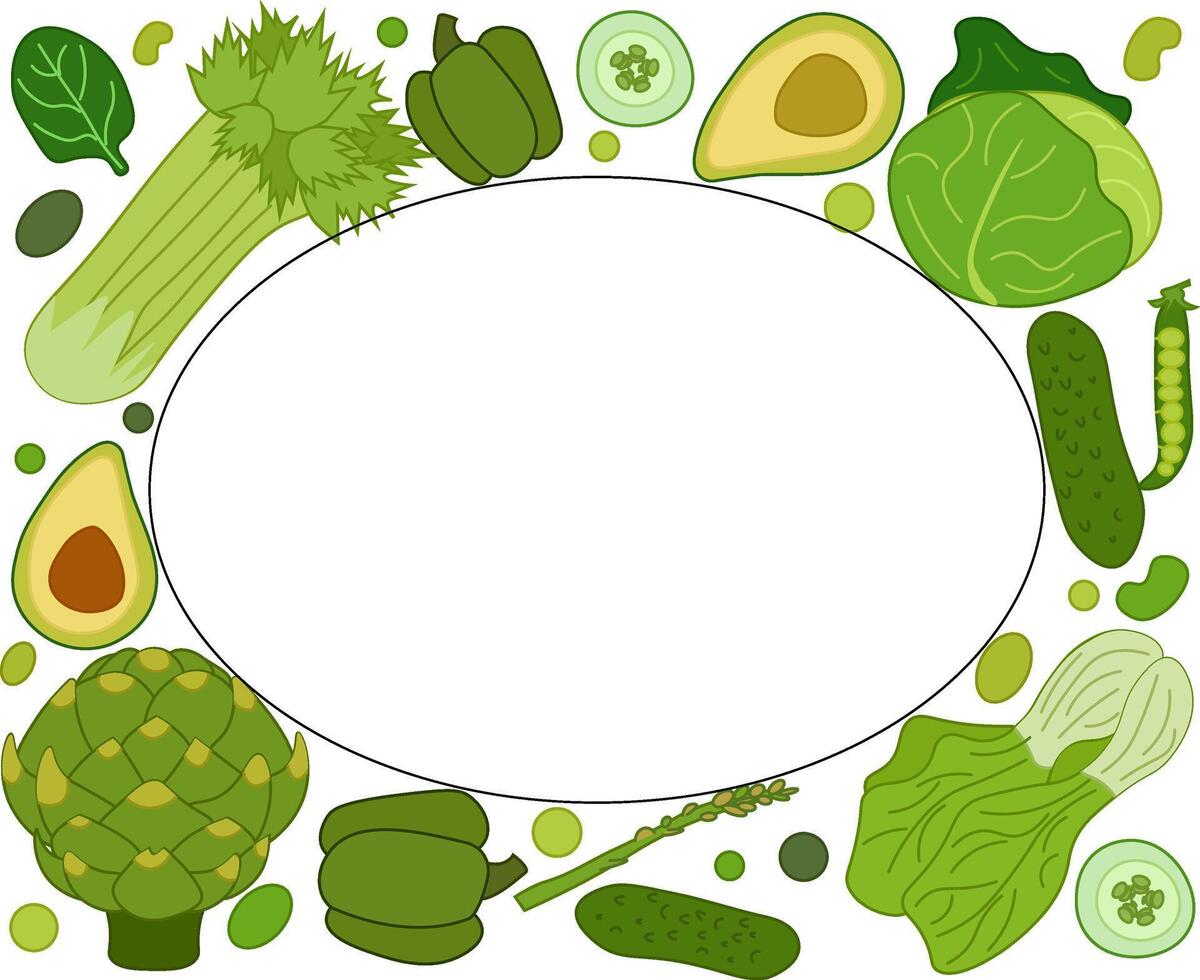 Green vegetables oval frame in rectangle. flat template for text. Healthy vegetarian food. Banner, poster, wrapping paper, sticker, print, modern textile design. Eat green vector