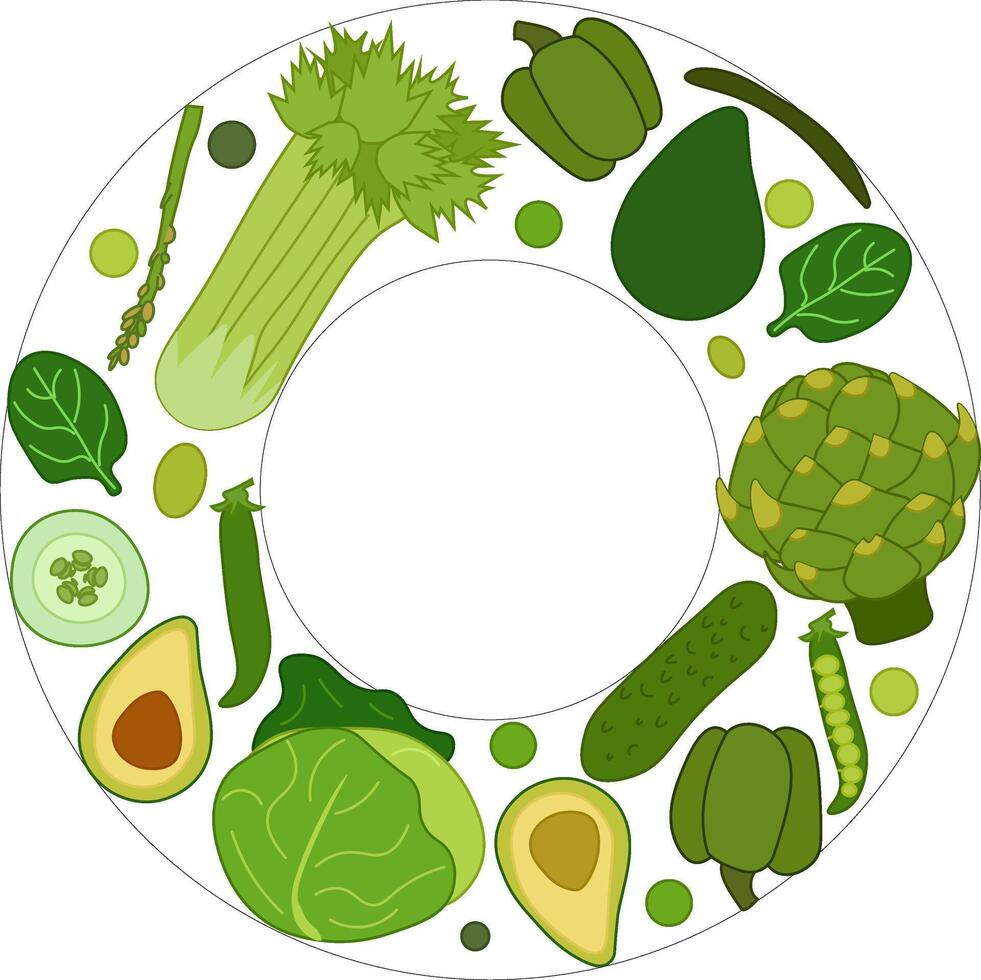 Green vegetables circle Round frame. flat label, text, copy space. farm fresh Spinach, avocado, pepper, cucumber. Can be used for cooking, bakery, tags labels textile cards icons web vector