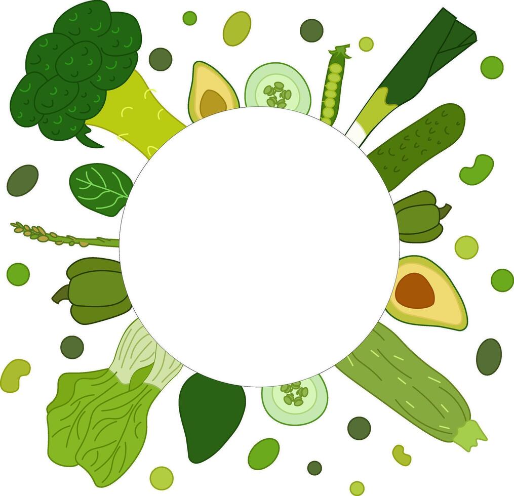 Green veggies circle frame. flat Healthy vegetarian food. illustration for package, kitchen design, fabric and textile. Eat green vector