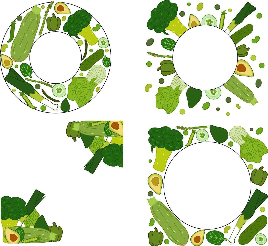 Green vegetable Circle round square frame set. flat illustration. art for food design, recipe, cook book, packages, menu, food ads and decor Eat green vector