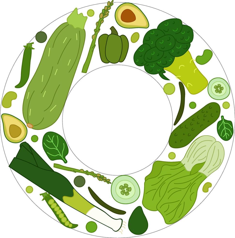 Green vegetable Circle round frame flat illustration. art for food design, recipe, cook book, packages, menu, food ads and decor Eat green vector