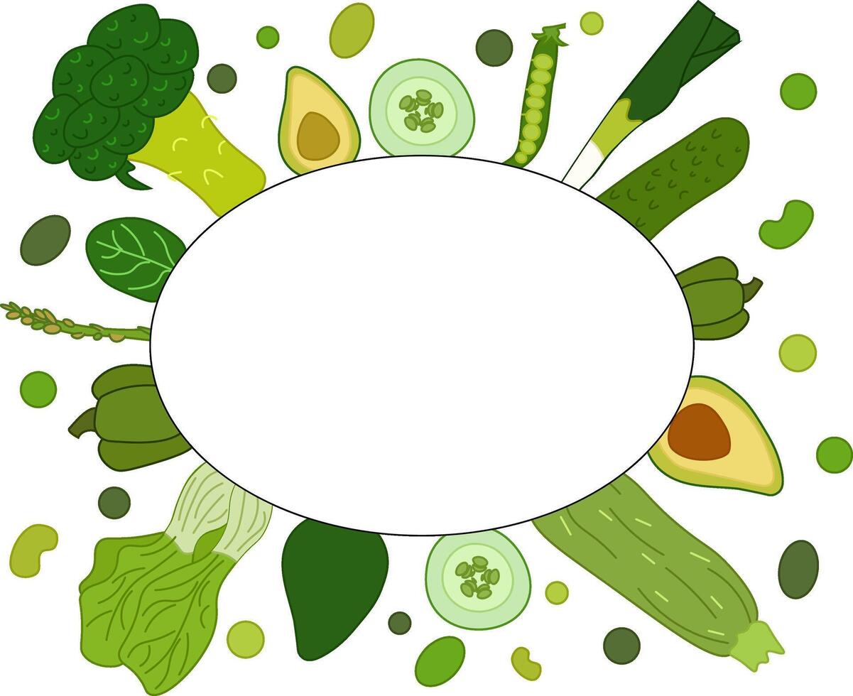 Green vegetable oval frame flat illustration. art for food design, recipe, cook book, packages, menu, food ads and decor Eat green vector