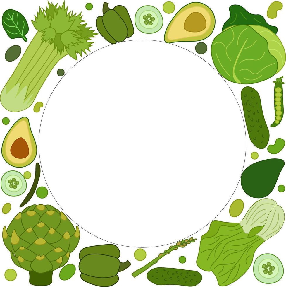 Green vegetables circle frame in square. flat template for text. Healthy vegetarian food. Banner, poster, wrapping paper, sticker, print, modern textile design. Eat green vector