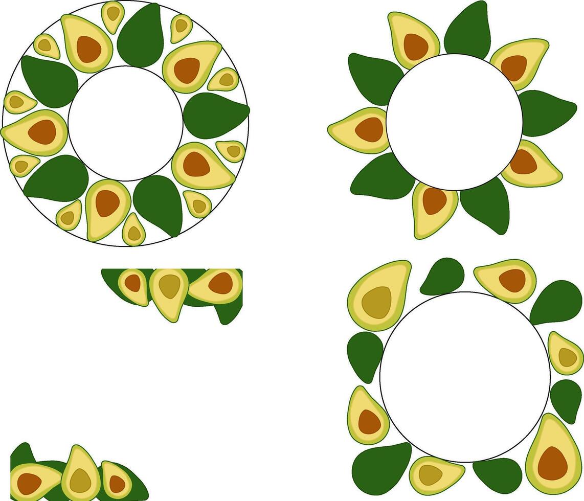 Avocado circle round square Frame set. flat Avocado Background with Space for Text. Ideal for menu, package, cosmetic, textile, cards Eat green vector