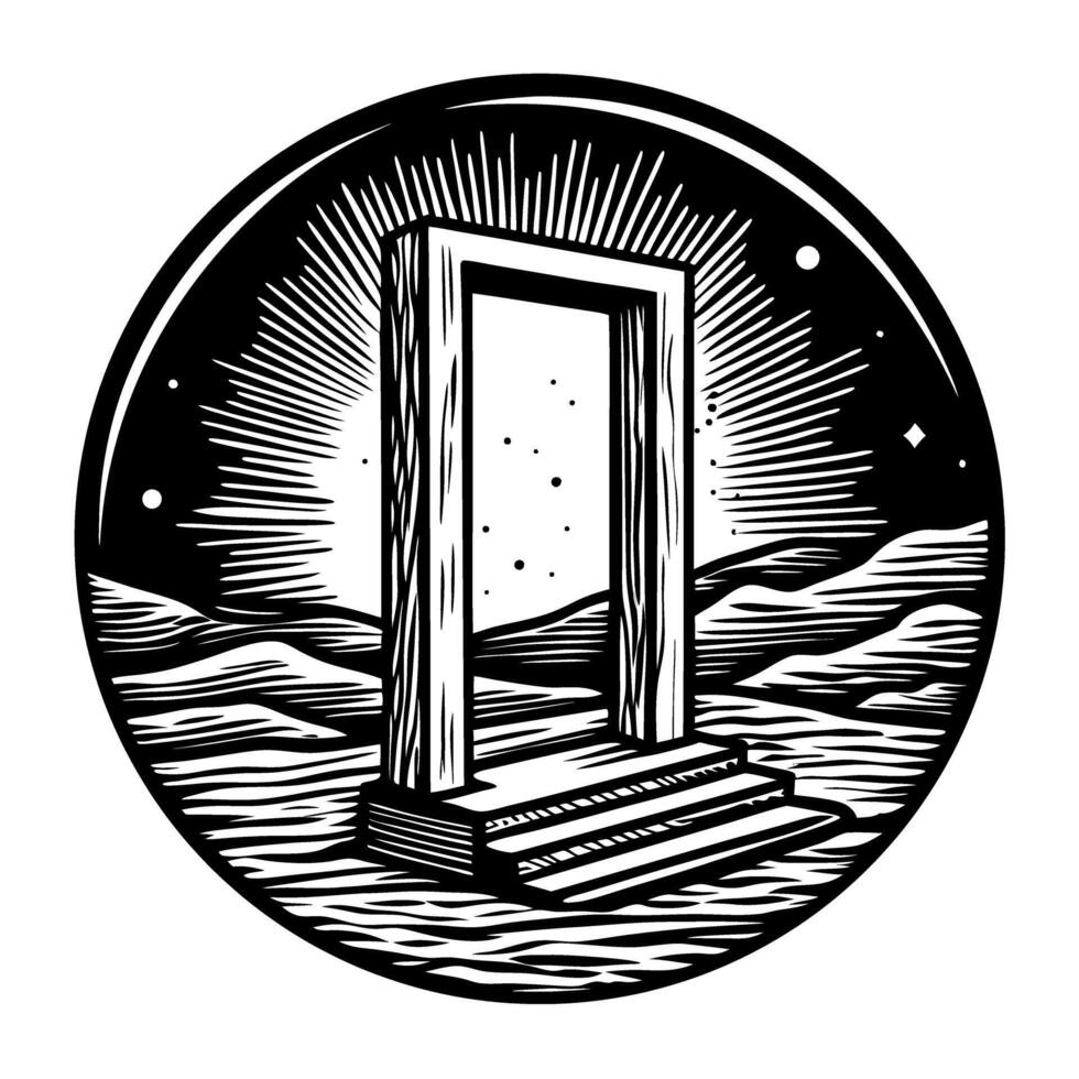 wooden doorway in surreal landscape cosmic portal concept, stars and rays, mystical exploration vector