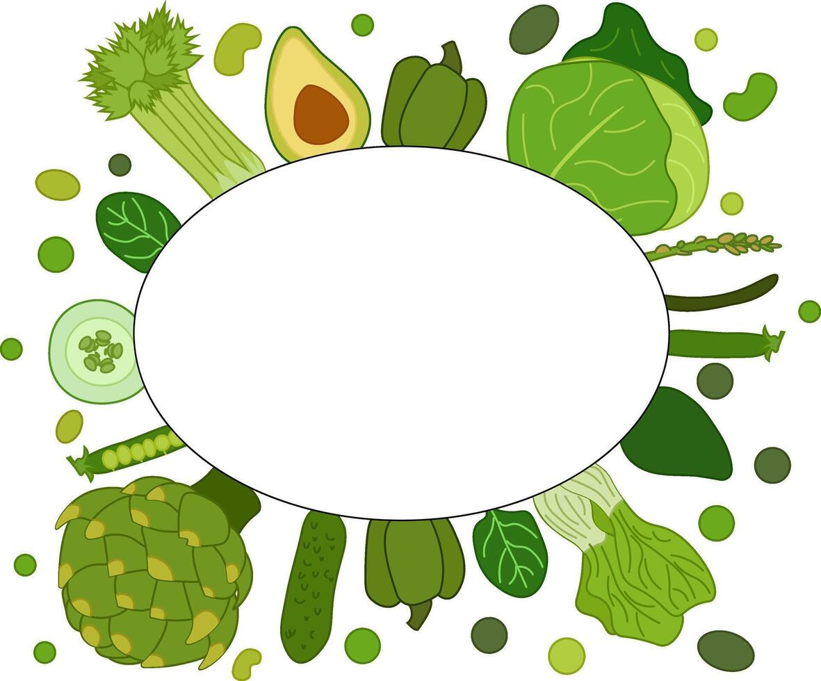 Green vegetables oval frame. flat label, text, copy space. farm fresh Spinach, avocado, pepper, cucumber. Can be used for cooking, bakery, tags labels textile cards icons web vector