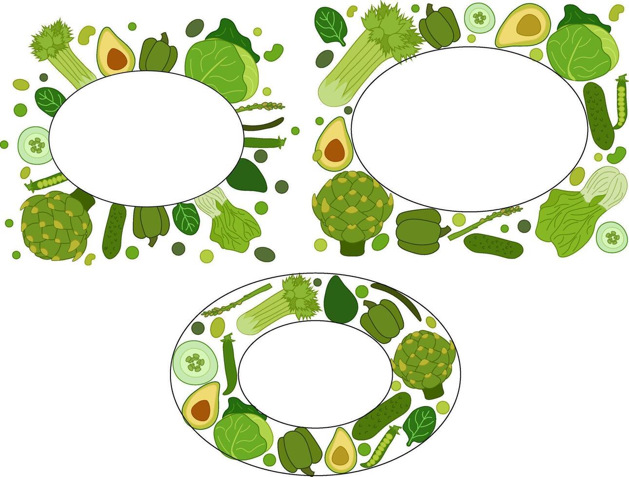 Green vegetables oval rectangle frame set, boxing, bordering. card template. Text, copy space. flat Spinach, Dandelion, broccoli, Collard for cooking bakery labels textile tags vector