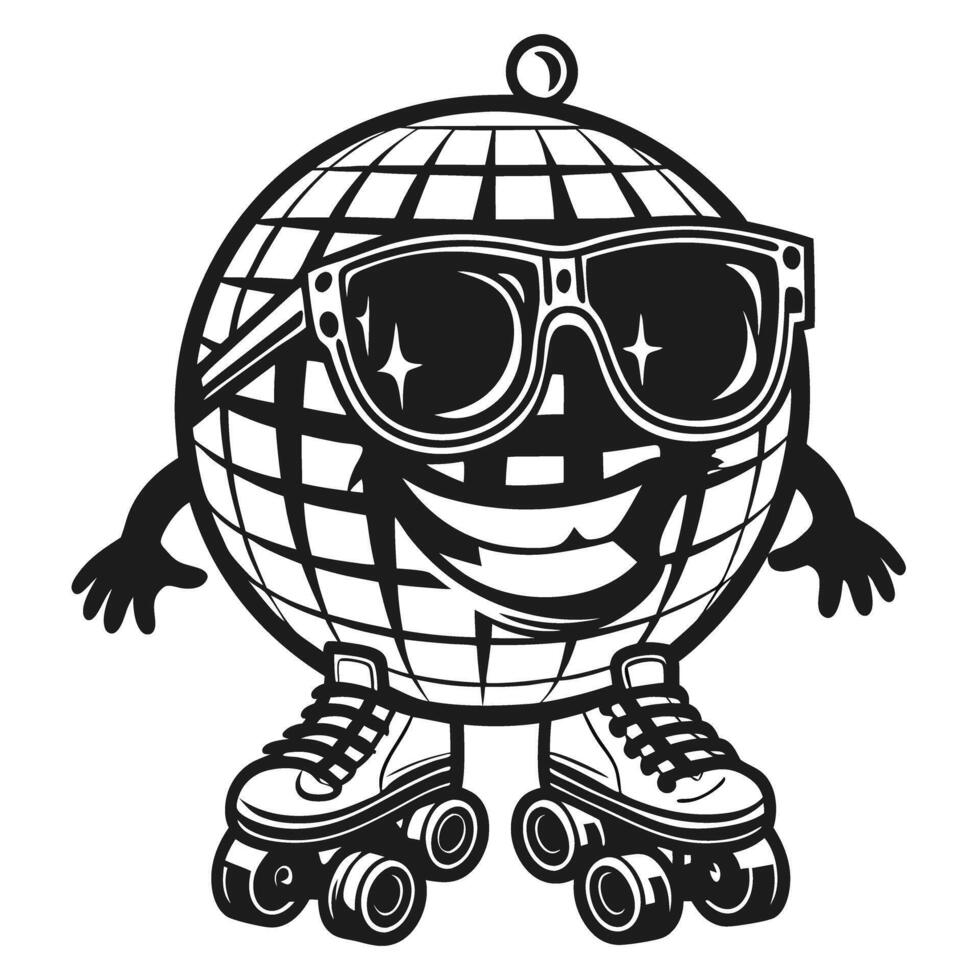 disco ball character wearing sunglasses and roller skates fun, retro illustration with playful, vibrant energy vector