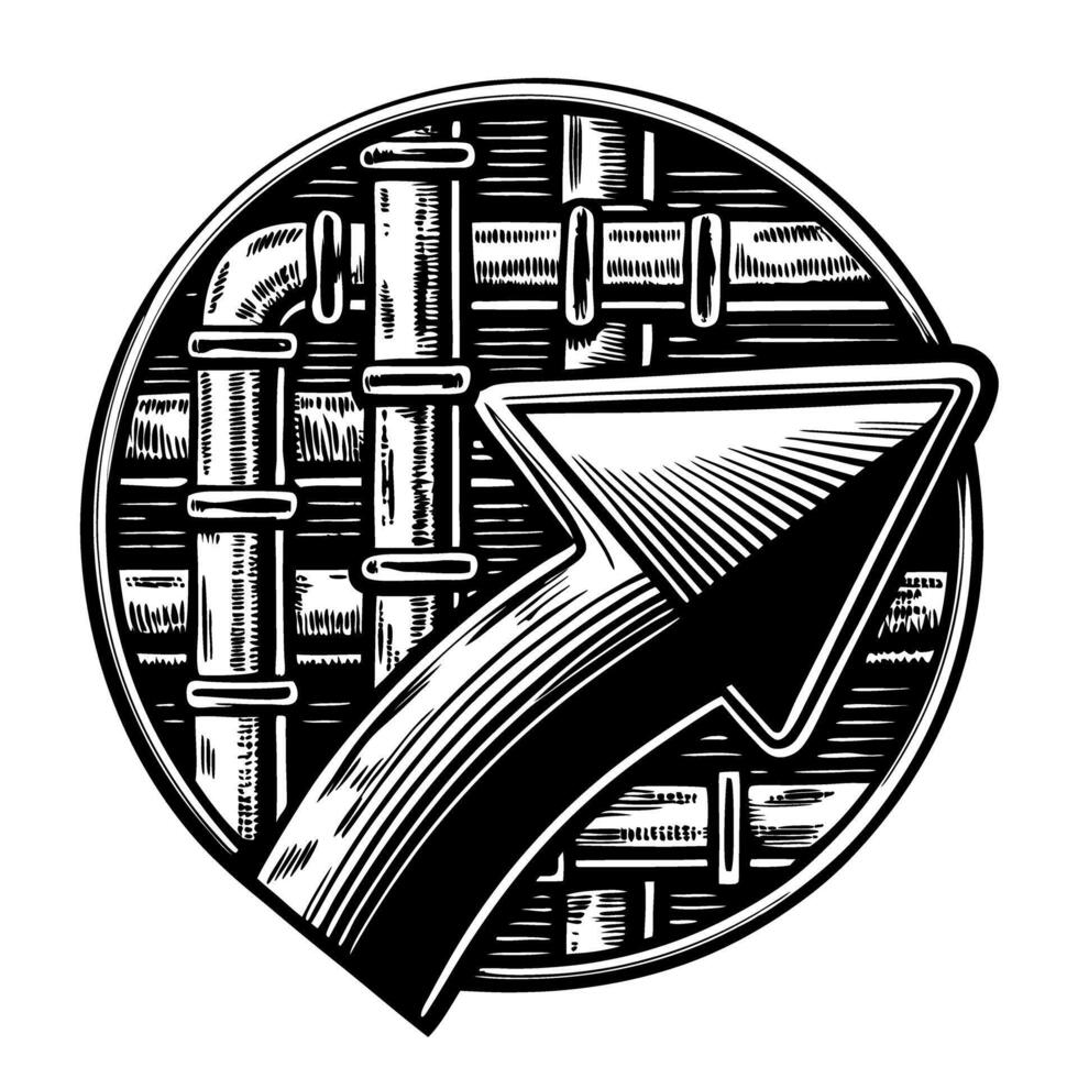 retro graphical upward arrow on industrial pipe background design vector