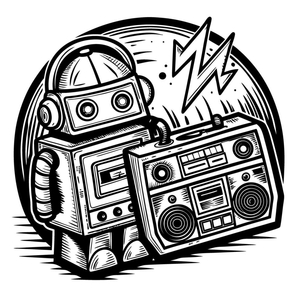 retro robot with boombox vintage tech, music vibes, black and white illustration vector