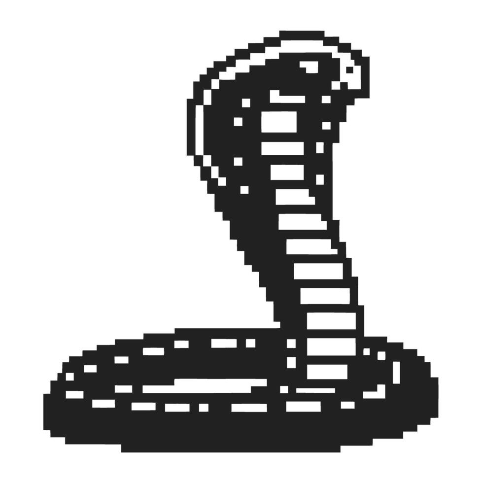 Pixel art cobra snake, black and white design, retro gaming vector