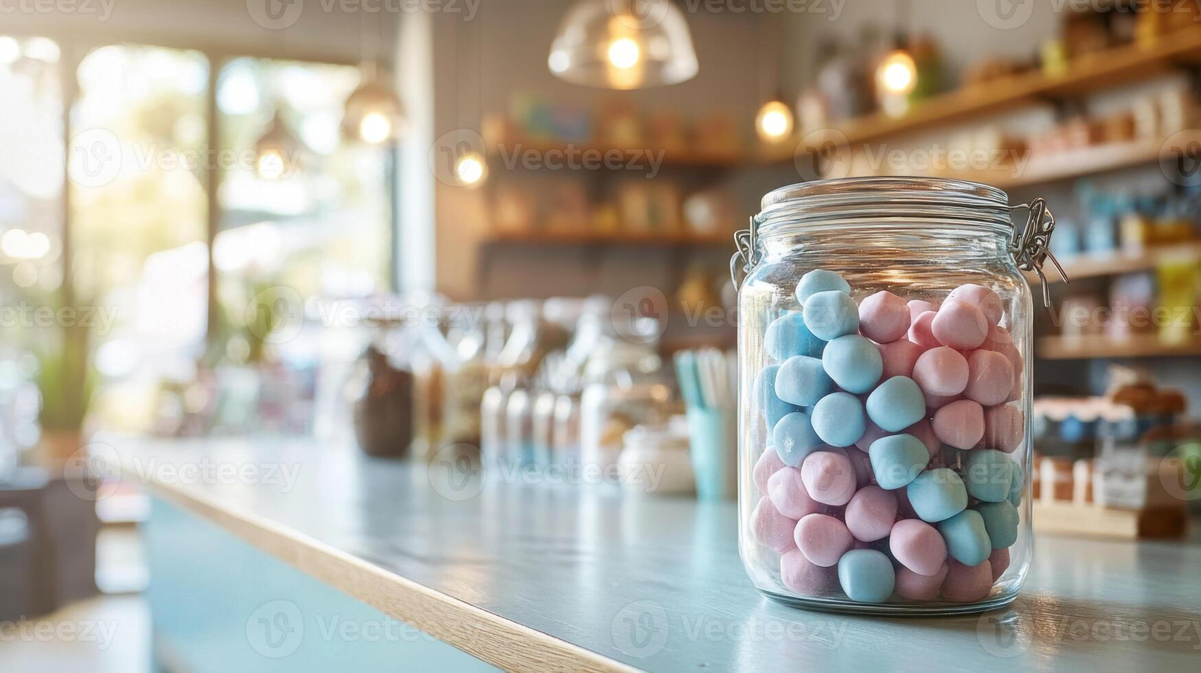 A jar filled with colorful candy displayed on a kitchen counter in a bright and inviting setting photo