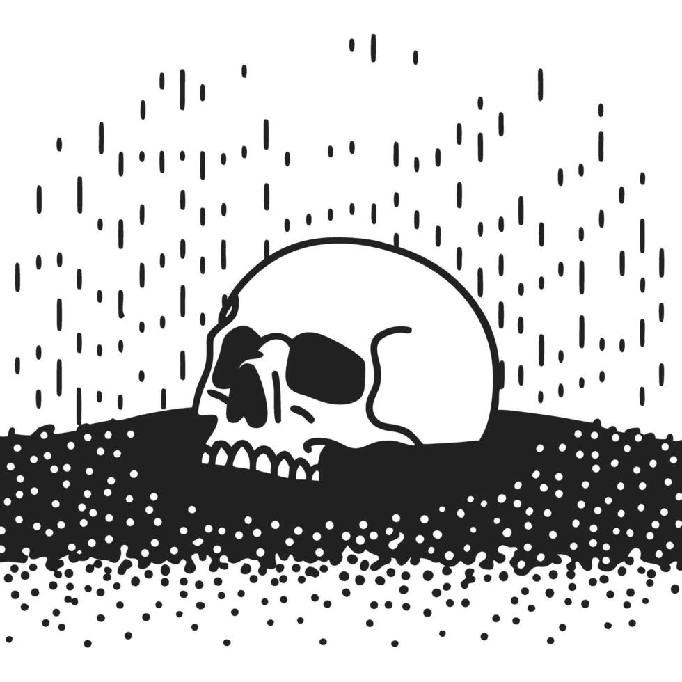Skull half submerged in sand with rain above, monochrome illustration vector