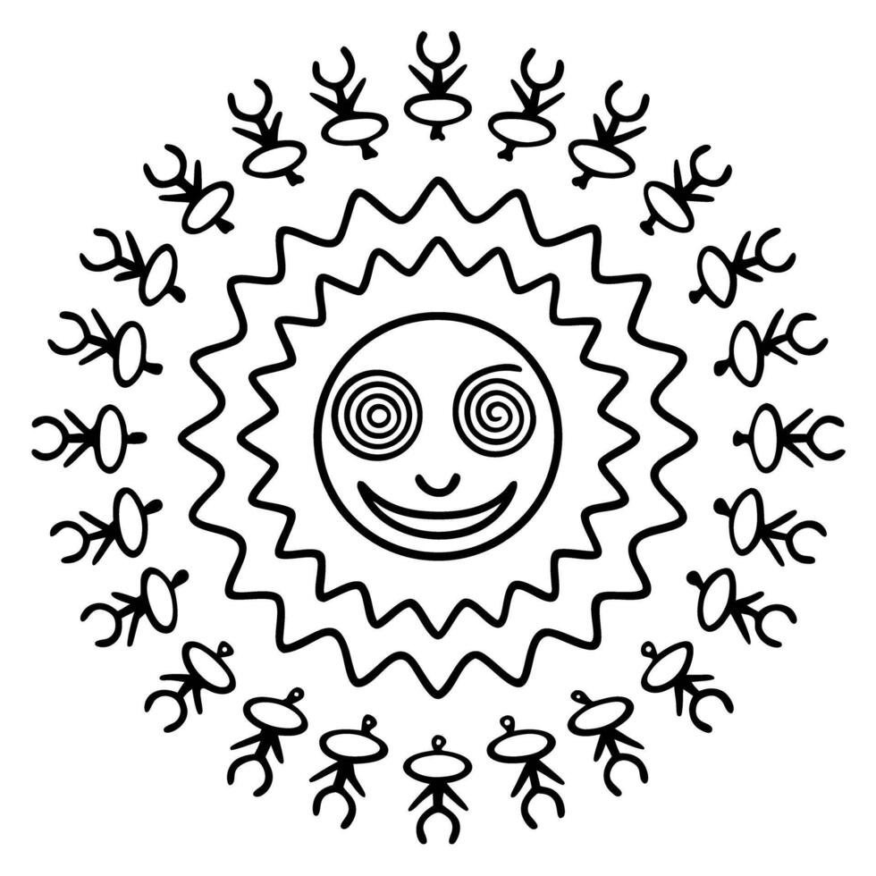abstract sun with hypnotic smile surrounded by figures in radial symmetry vector