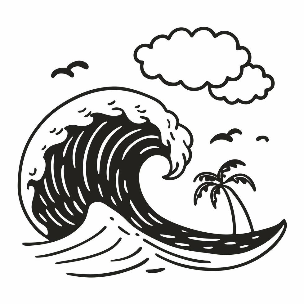 Monochrome Tropical Wave with Palm Tree and Birds in Minimalist Style vector