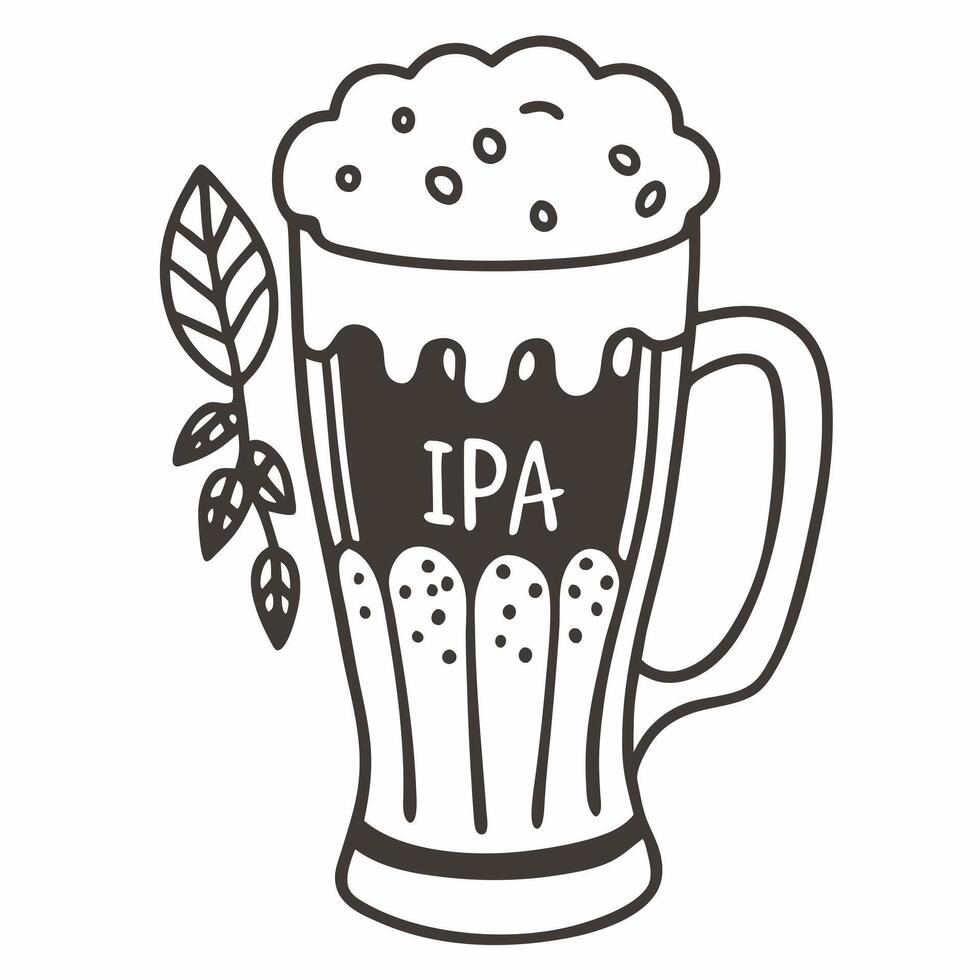 Hand drawn Craft IPA Beer Mug with Foam and Hop Leaf Illustration vector