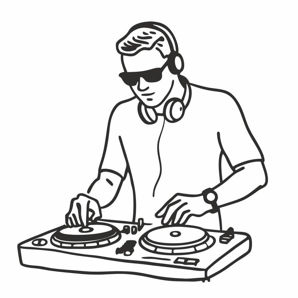 DJ Mixing Music with Turntables and Headphones Modern Line Art Illustration vector